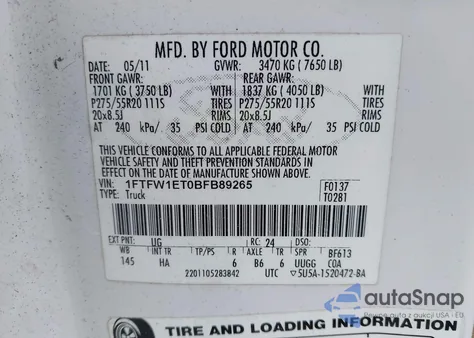 2011 Ford F-150 Lariat из США, поврежденный, VIN 1FTFW1ET0BFB89265